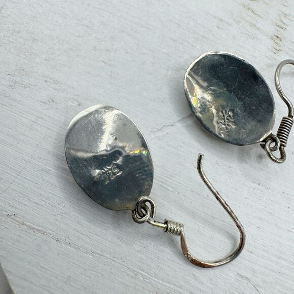 Vintage Mexican Sterling Silver Oval Mother Of Pearl Inlay Dangle Drop Earrings - Picture 11 of 14